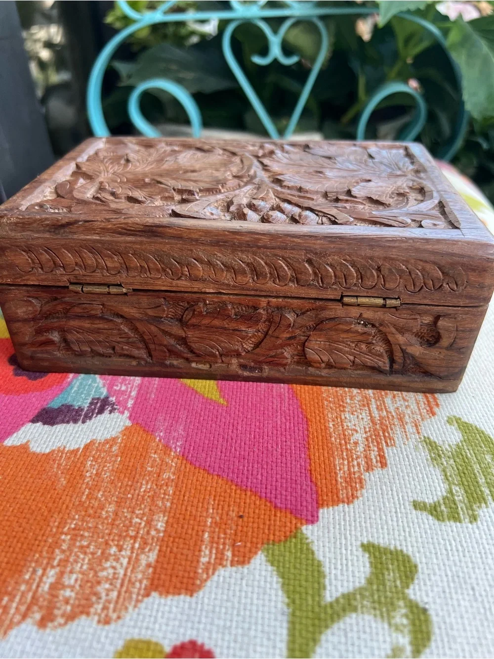 Vintage Hand Carved Indian Sheesham Wood Trinket Jewelry Box Floral Keepsake